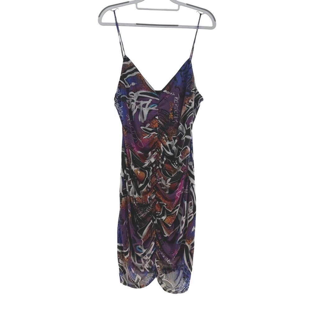 Wearever Graffiti Mini Dress Women Large Multi Ruched Mesh Y2K Streetwear Rave